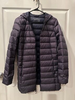 EUC Eddie Bauer Quilted Hooded Down Jacket - Heathered Dark Blue/Charcoal